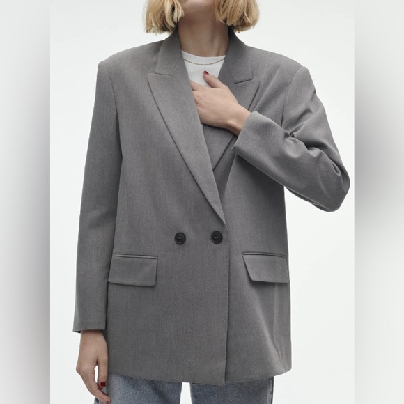 ZARA Oversized Double Breasted Grey Marl Lined Blazer Size L - Picture 1 of 7